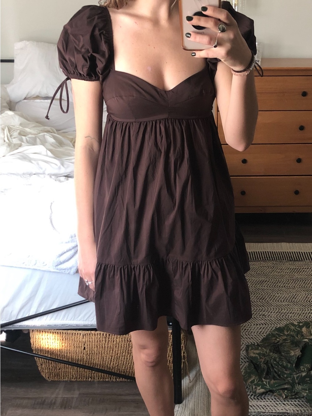 Women’s Babydoll Puff Sleeve Dress in Brown